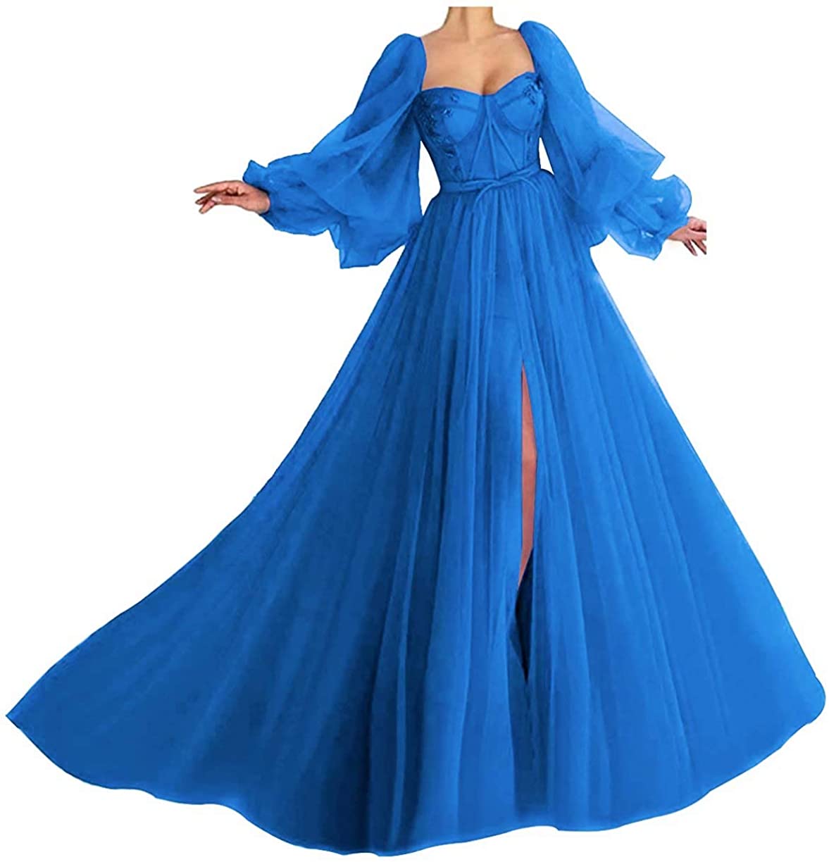 Embroidered Corset Puffy Sleeve Mesh Tulle Ball Gown Thigh Split Bridesmaid Dress on sale - SOUISEE