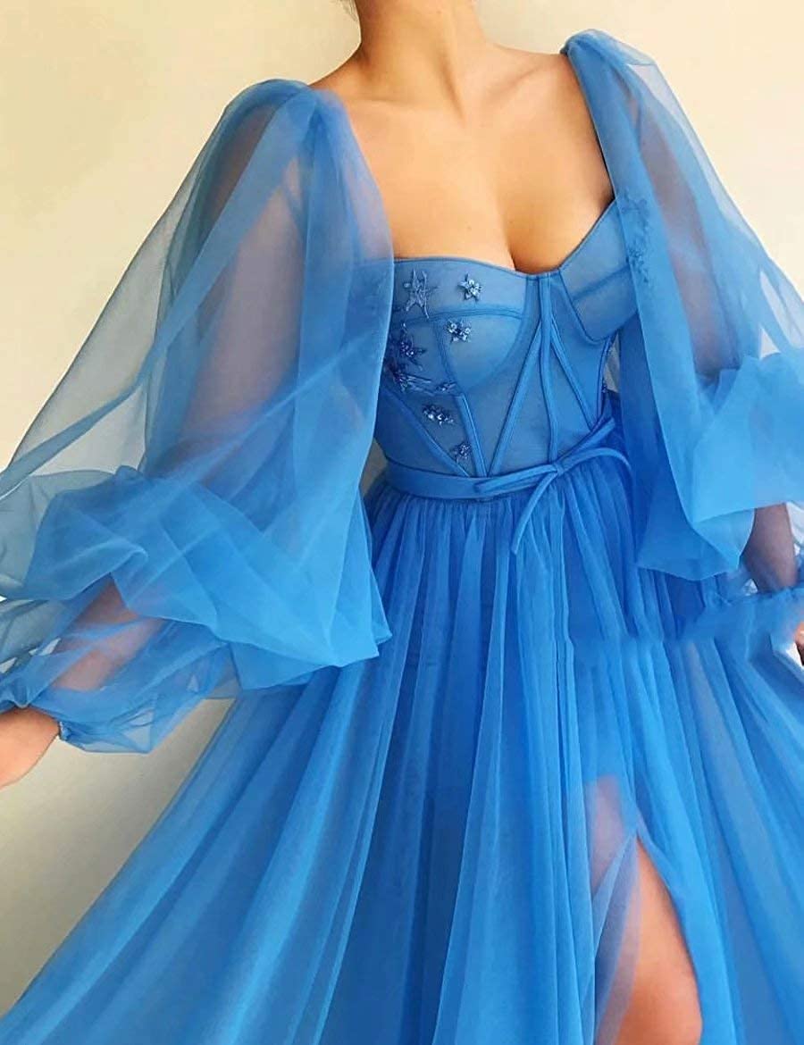 Embroidered Corset Puffy Sleeve Mesh Tulle Ball Gown Thigh Split Bridesmaid Dress on sale - SOUISEE