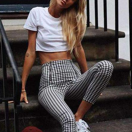 Classic Tummy Slimming Checked Trousers Stretch Skinny Pants on sale - SOUISEE