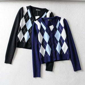 Classic Retro Color block Argyle Print Button Down Sweaters on sale - SOUISEE