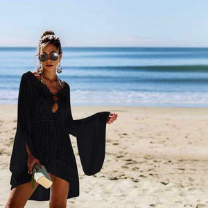 Boho High Low Puff Sleeve Crochet Beach Dress Swim Cover Ups on sale - SOUISEE