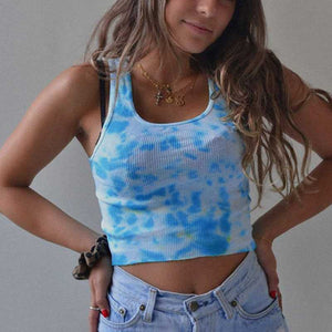 Popular Ribbed U Neck Bleach Tie Dye Cropped Tank Tops Sleeveless on sale - SOUISEE