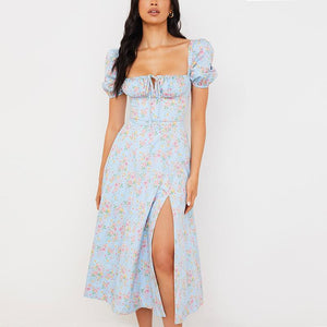 Boho Flower Garden Floral PUFF SLEEVE Square Neck Side Thigh Split Midi Dress on sale - SOUISEE