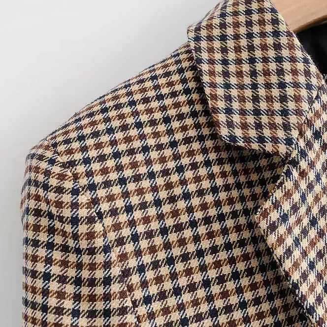 Double Breasted Khaki Lapel Collar Checkered Blazer Suit Womens on sale - SOUISEE