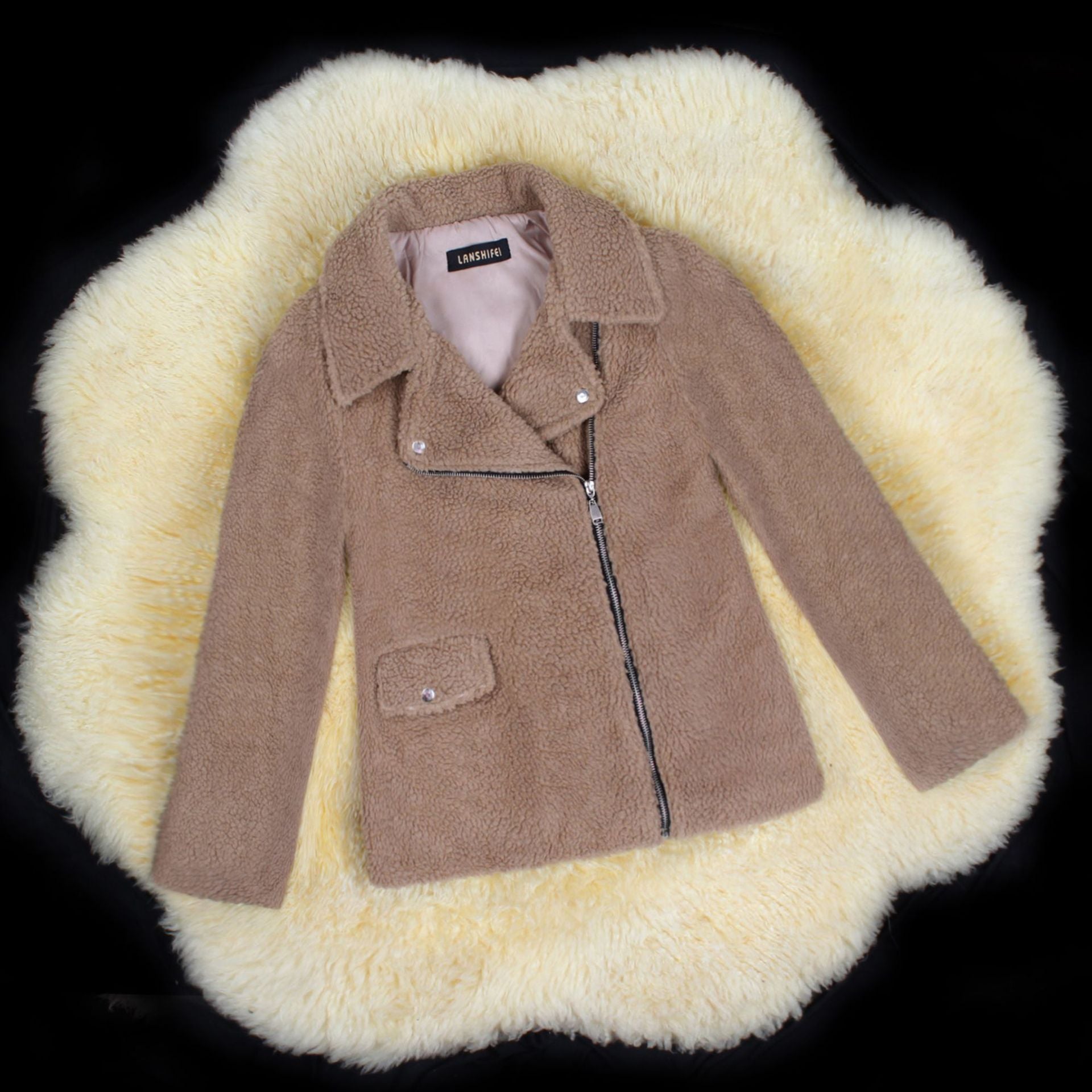 Motocycle Style Sherpa FleeceZip Up Faux Fur Jacket on sale - SOUISEE