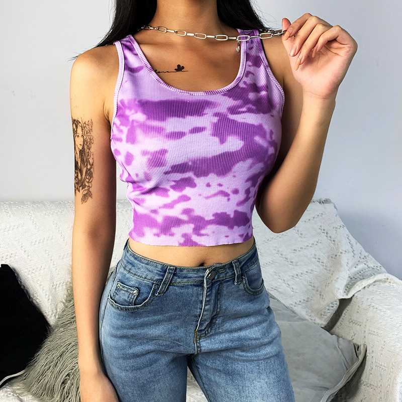 Popular Ribbed U Neck Bleach Tie Dye Cropped Tank Tops Sleeveless on sale - SOUISEE