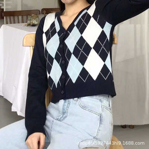 Classic Retro Color block Argyle Print Button Down Sweaters on sale - SOUISEE