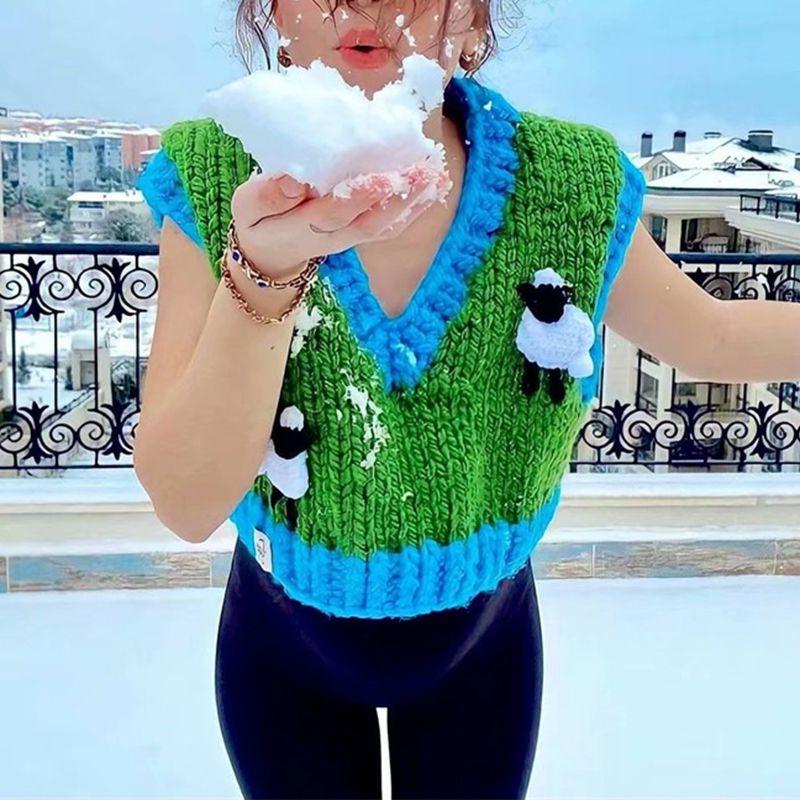 Color Block Ribbed Trimmed Check Knit Vest Cropped Sleeveless Tank Jumper on sale - SOUISEE