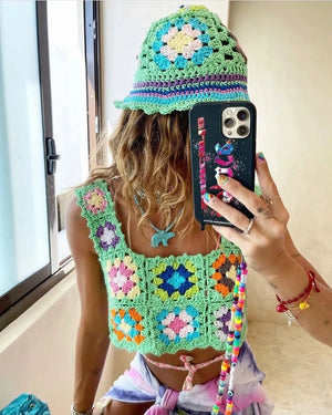 Bohemian Rainbow Crochet Flower Crop Top Rhombus Knitted Pattern Tank on sale - SOUISEE