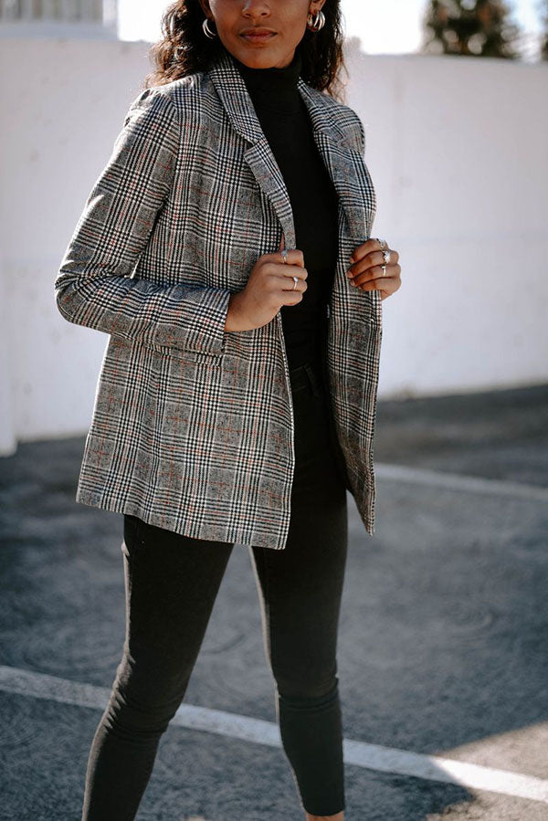 Double Breasted Khaki Lapel Collar Checkered Blazer Suit Womens on sale - SOUISEE