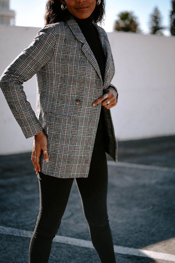 Double Breasted Khaki Lapel Collar Checkered Blazer Suit Womens on sale - SOUISEE