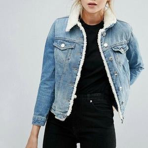 Oversized Fleece Fur Lined Denim Jacket with fur on sale - SOUISEE