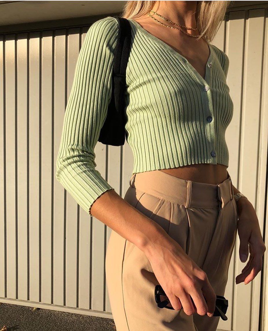 Long Sleeve Button Down Crop Top Knit Shirt For 90s on sale - SOUISEE