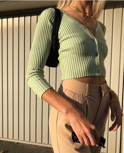 Long Sleeve Button Down Crop Top Knit Shirt For 90s on sale - SOUISEE