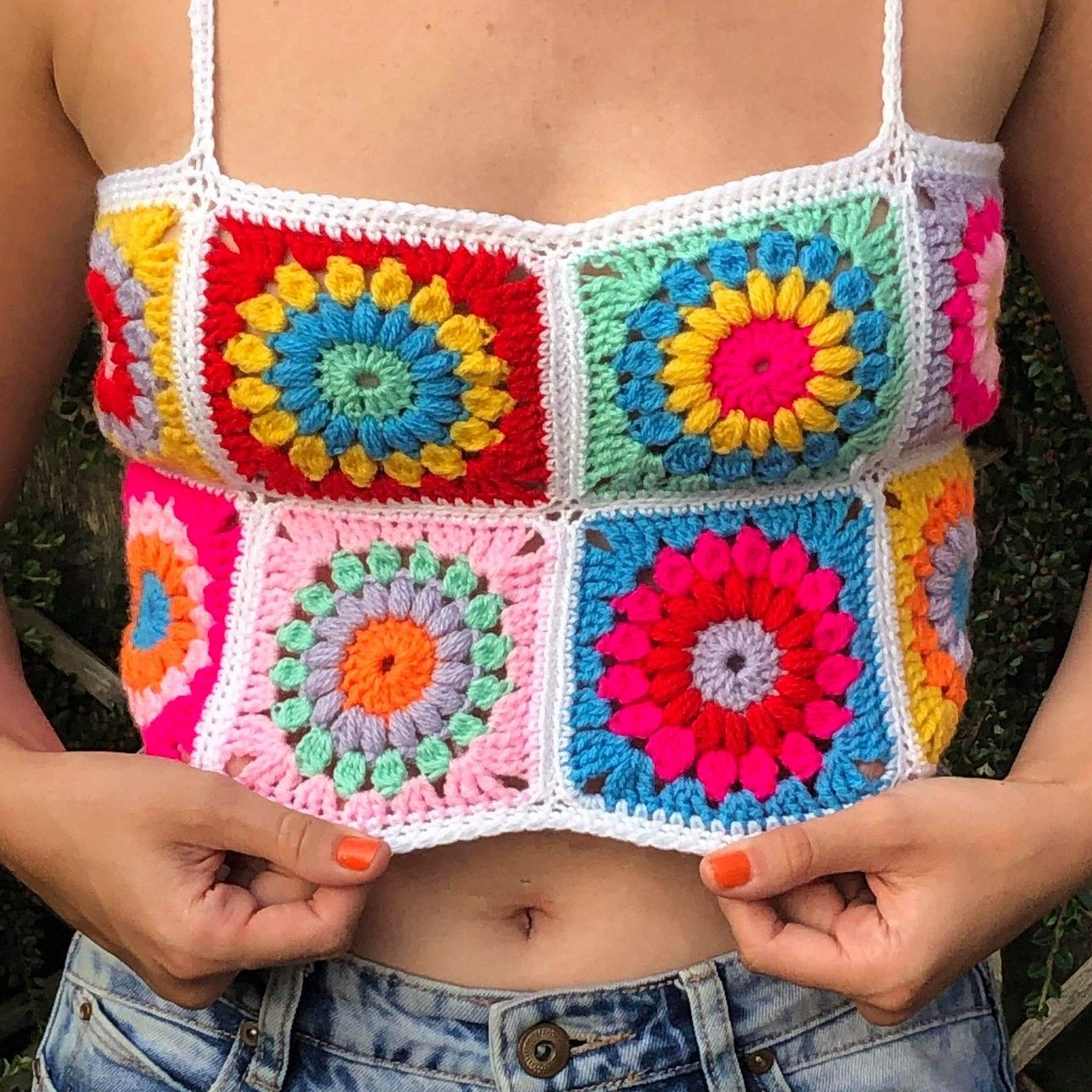 Bohemian Rainbow Crochet Flower Crop Top Rhombus Knitted Pattern Tank on sale - SOUISEE