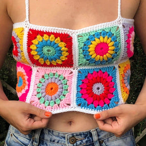 Bohemian Rainbow Crochet Flower Crop Top Rhombus Knitted Pattern Tank on sale - SOUISEE