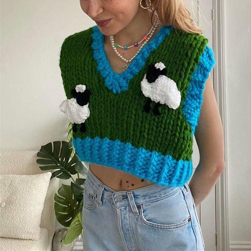 Color Block Ribbed Trimmed Check Knit Vest Cropped Sleeveless Tank Jumper on sale - SOUISEE