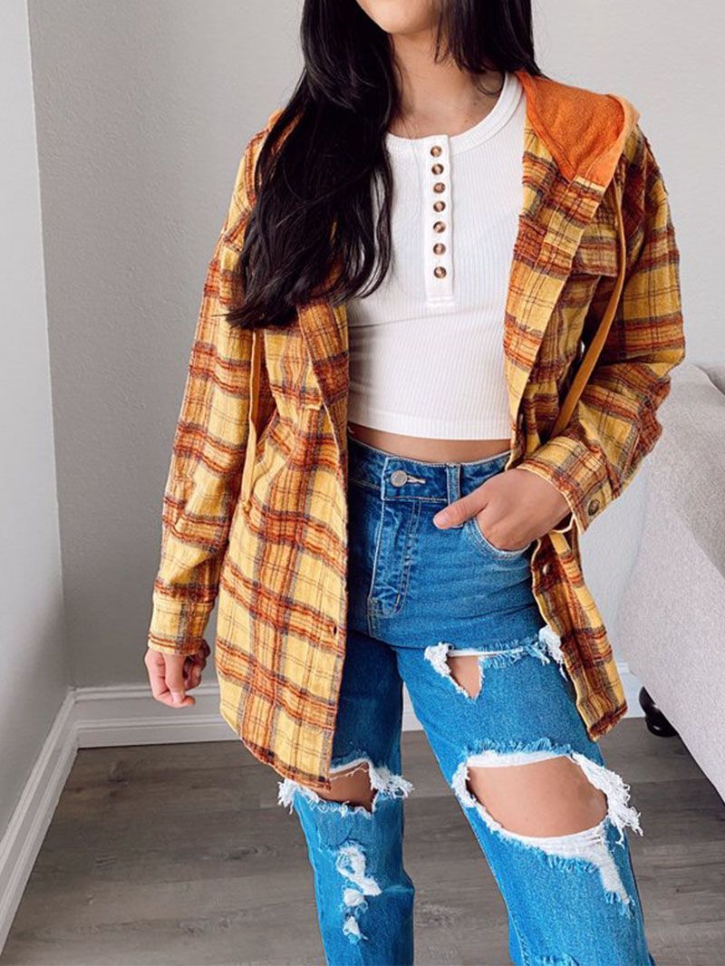 Oversizd Fit Button Up Hoodies Casual Multi Colored Hooded Flannel Shirt on sale - SOUISEE