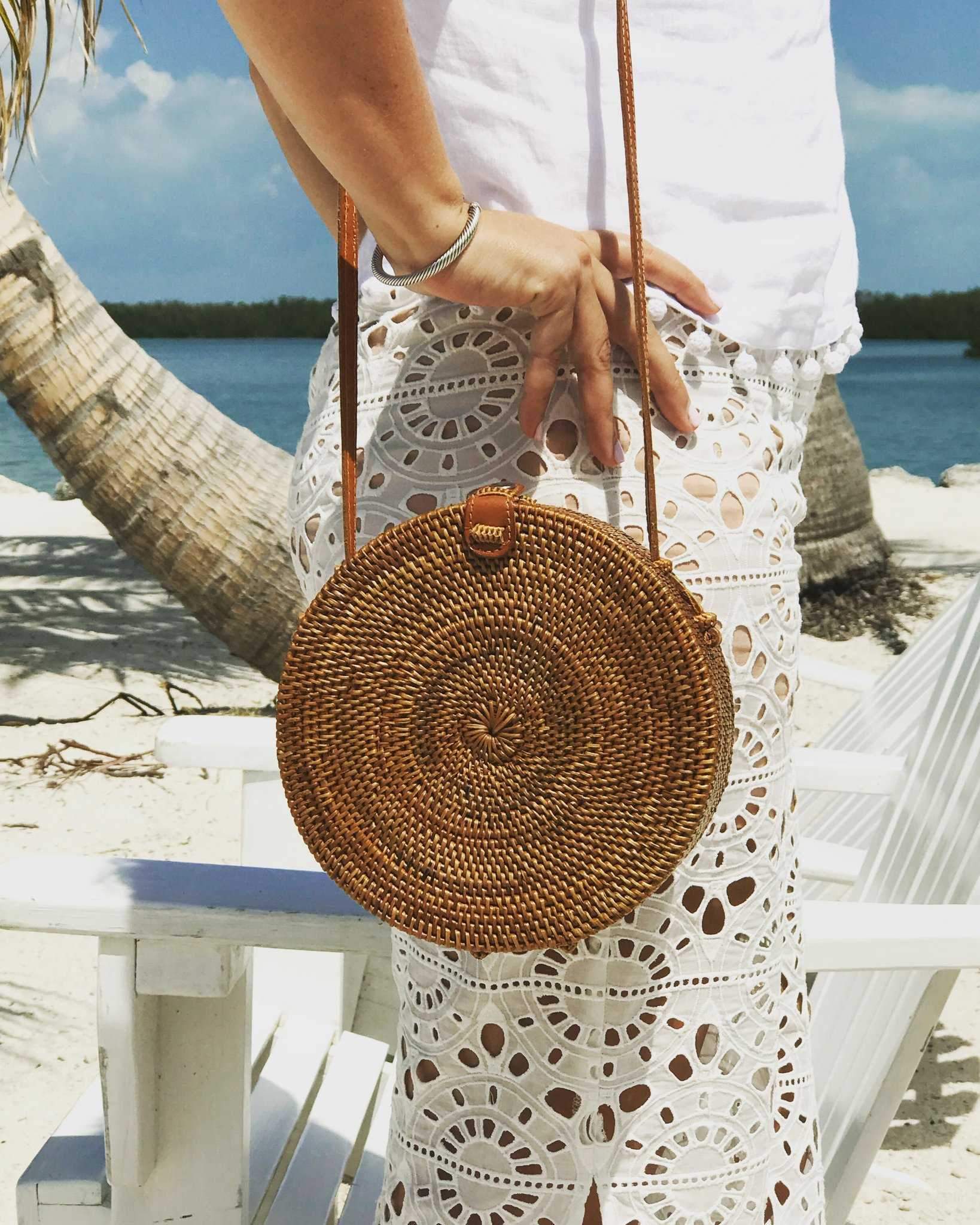 Boho Handmade Round Woven Handbag Bali Rattan Crossbody Beach Bag on sale - SOUISEE