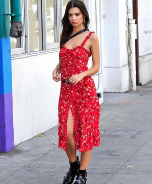 Casual Corset Red Fleur Floral Ruffle Strap Button Up Floral Dress on sale - SOUISEE