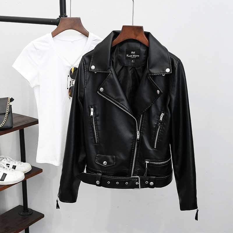 Womens Motorcycle Style Black Faux Leather Moto Jacket on sale - SOUISEE