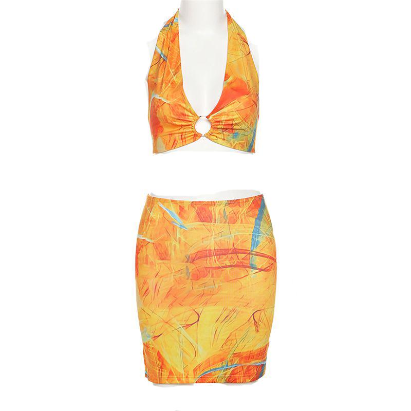 Retro Color Block Tie Back Halter Neckline O Ring Two Piece Dress Set on sale - SOUISEE