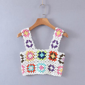 Bohemian Rainbow Crochet Flower Crop Top Rhombus Knitted Pattern Tank on sale - SOUISEE