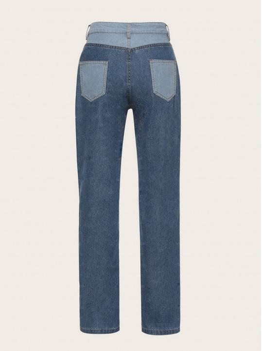 Slim Fit Stitched Color Block Straight Leg Jeans Ripped Denim Trousers on sale - SOUISEE