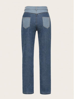 Slim Fit Stitched Color Block Straight Leg Jeans Ripped Denim Trousers on sale - SOUISEE