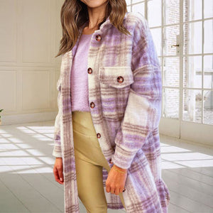 Wool Blend Longline Plaid Shacket Long Checked Peacoat on sale - SOUISEE