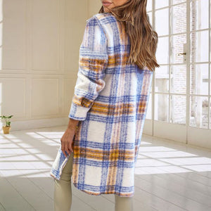 Wool Blend Longline Plaid Shacket Long Checked Peacoat on sale - SOUISEE