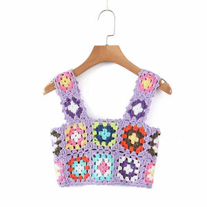 Bohemian Rainbow Crochet Flower Crop Top Rhombus Knitted Pattern Tank on sale - SOUISEE