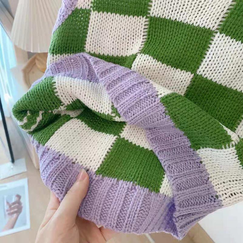 Color Block Ribbed Trimmed Check Knit Vest Cropped Sleeveless Tank Jumper on sale - SOUISEE
