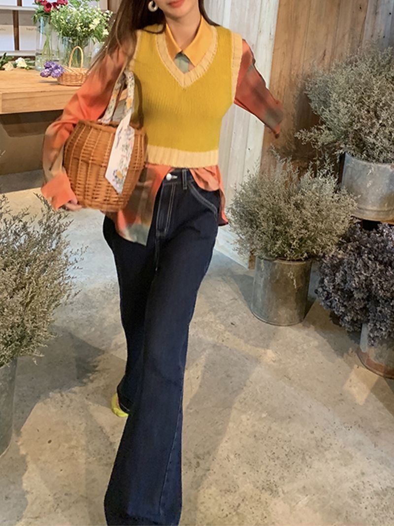 Color Block Ribbed Trimmed Check Knit Vest Cropped Sleeveless Tank Jumper on sale - SOUISEE