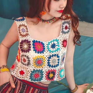 Bohemian Rainbow Crochet Flower Crop Top Rhombus Knitted Pattern Tank on sale - SOUISEE