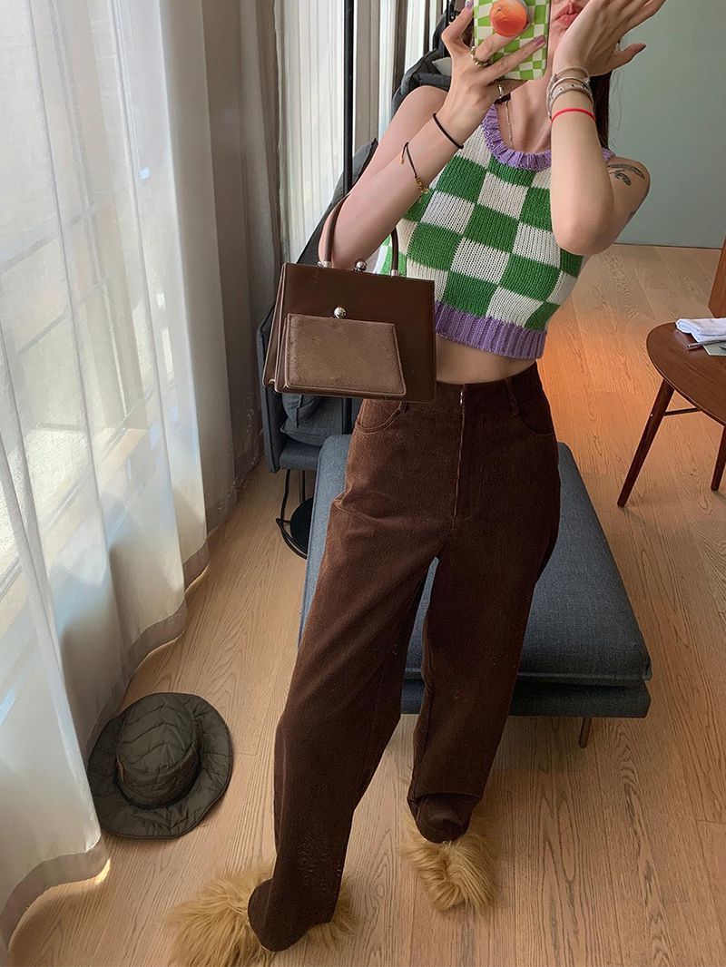 Color Block Ribbed Trimmed Check Knit Vest Cropped Sleeveless Tank Jumper on sale - SOUISEE