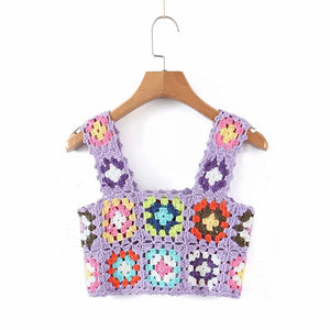 Bohemian Rainbow Crochet Flower Crop Top Rhombus Knitted Pattern Tank on sale - SOUISEE