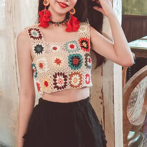 Bohemian Rainbow Crochet Flower Crop Top Rhombus Knitted Pattern Tank on sale - SOUISEE