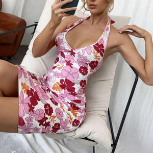 Hibiscus Garden Peony Flowers Hawaiian Floral Print V Halter Neck Bodycon Dress on sale - SOUISEE