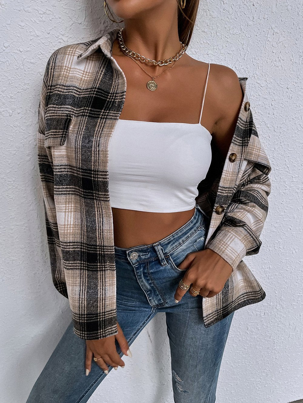 Blend Wool Brushed Plaid Pattern Shacket Collared Flannel Shirt Jacket on sale - SOUISEE