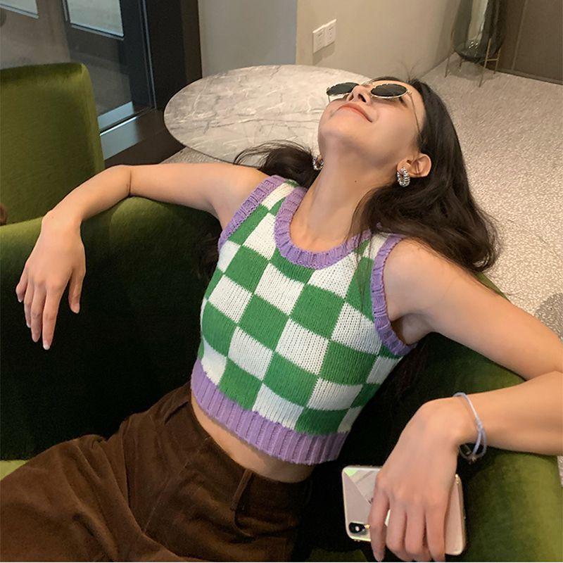 Color Block Ribbed Trimmed Check Knit Vest Cropped Sleeveless Tank Jumper on sale - SOUISEE