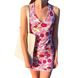 Hibiscus Garden Peony Flowers Hawaiian Floral Print V Halter Neck Bodycon Dress on sale - SOUISEE