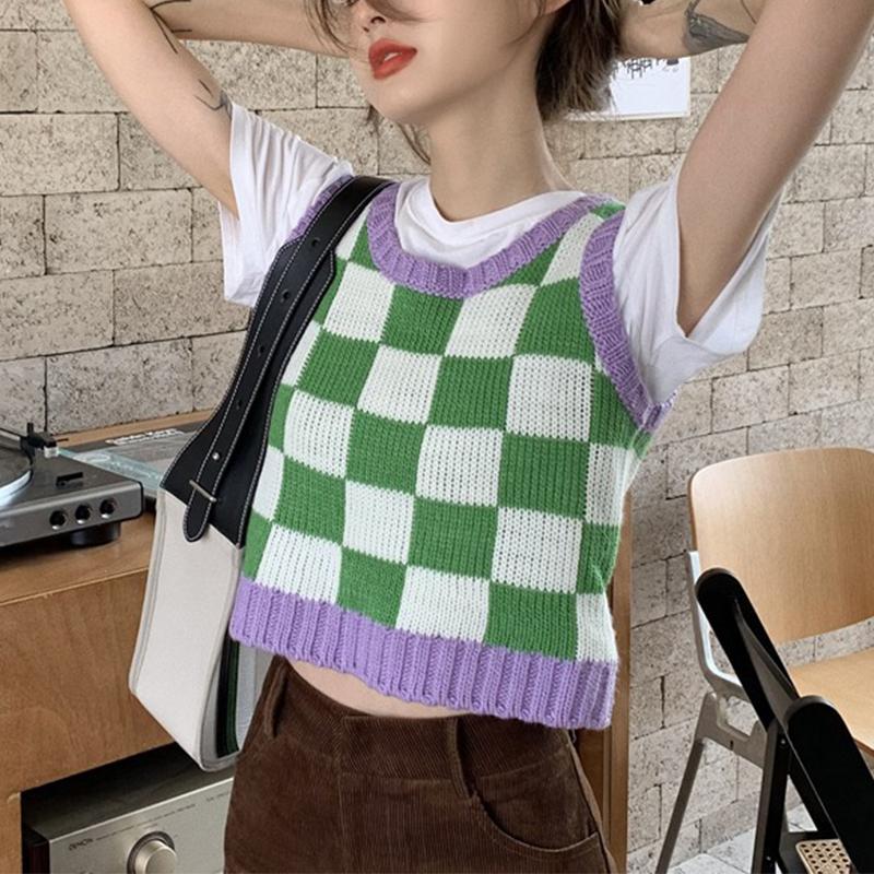 Color Block Ribbed Trimmed Check Knit Vest Cropped Sleeveless Tank Jumper on sale - SOUISEE