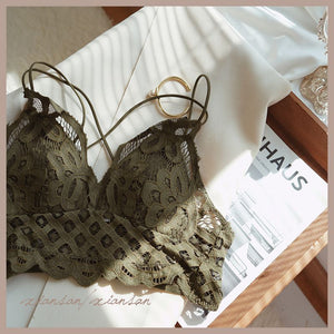 Criss Cross Double Straps Scalloped Flower Crochet Lace Bralette on sale - SOUISEE