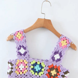 Bohemian Rainbow Crochet Flower Crop Top Rhombus Knitted Pattern Tank on sale - SOUISEE