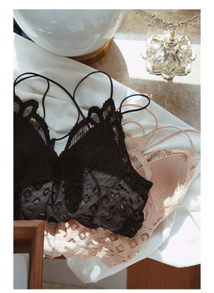 Criss Cross Double Straps Scalloped Flower Crochet Lace Bralette on sale - SOUISEE