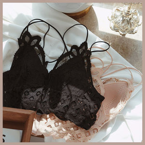 Criss Cross Double Straps Scalloped Flower Crochet Lace Bralette on sale - SOUISEE