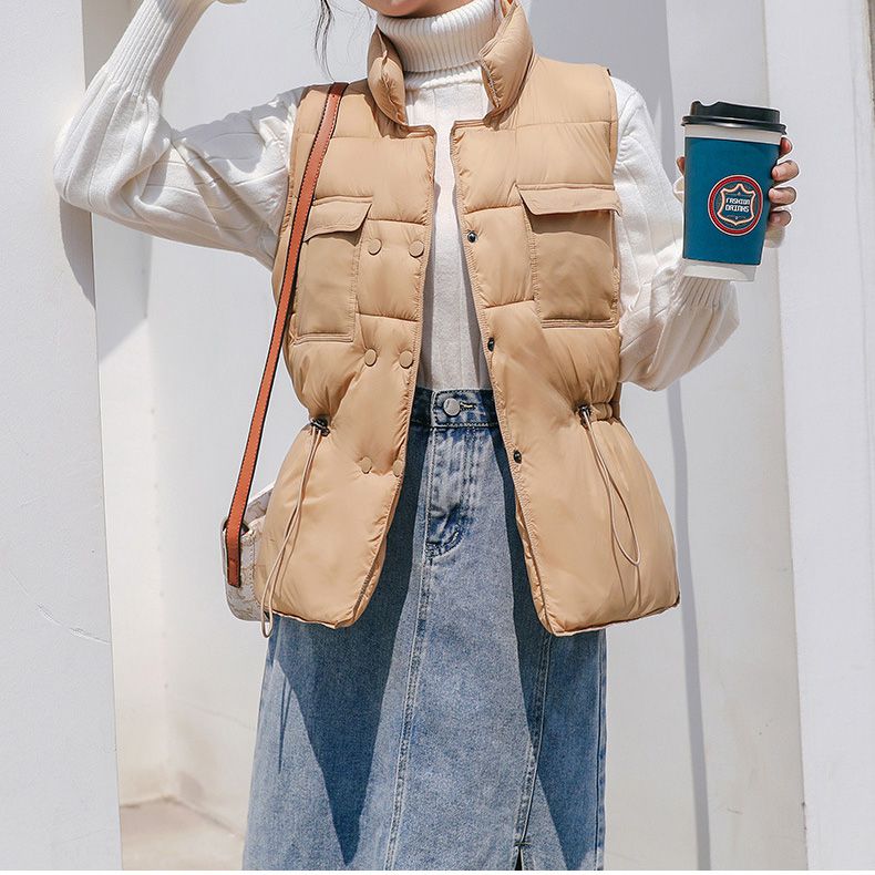 Button Drawstring Waist Quilted Vest Puffer Gilets Sleeveless Bodywarmer on sale - SOUISEE