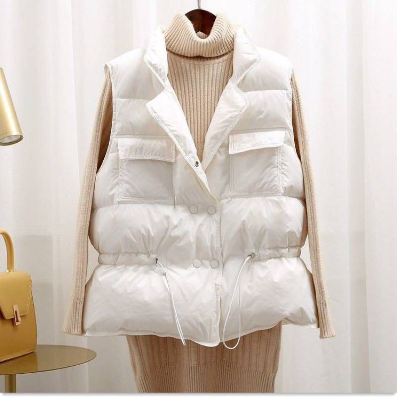 Button Drawstring Waist Quilted Vest Puffer Gilets Sleeveless Bodywarmer on sale - SOUISEE