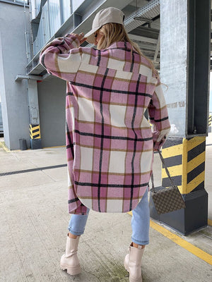 Wool Blend Longline Plaid Shacket Long Checked Peacoat on sale - SOUISEE